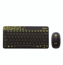 סט מקלדת ועכבר אלחוטי מבית Logitech דגם MK240 בצבע שחור משולב צהוב עם חריטה בעברית