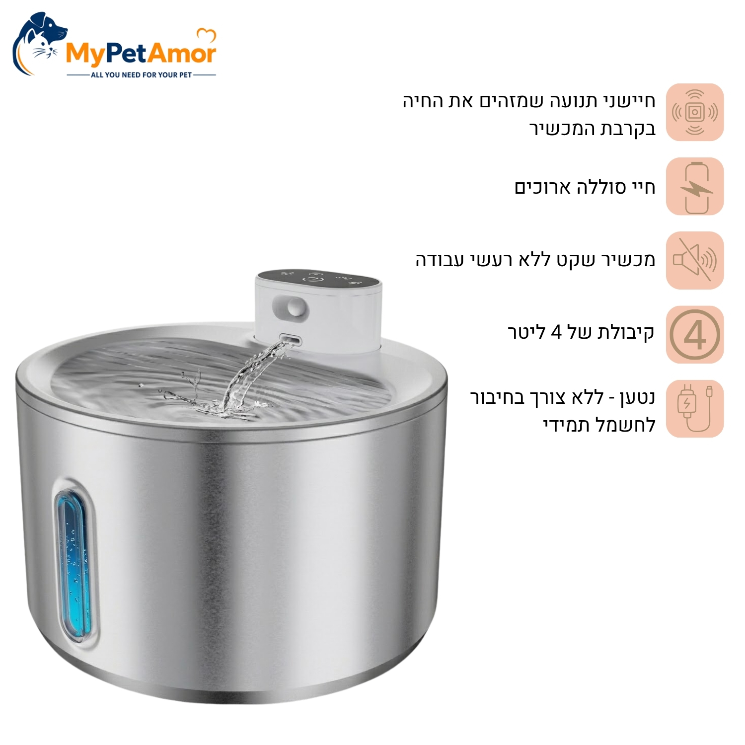 מזרקת מים אלחוטית נטענת לחתול ולכלב 4 ליטר מבית Mypetamor דגם PIT – תמונה 2